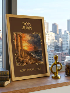 Don Juan Classic Book Art Print by Lord Byron – framed print on a city-view windowsill