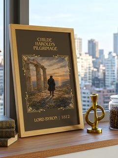 Childe Harold's pilgrimage Classic Book Art Print by Lord Byron – framed print on a city-view windowsill
