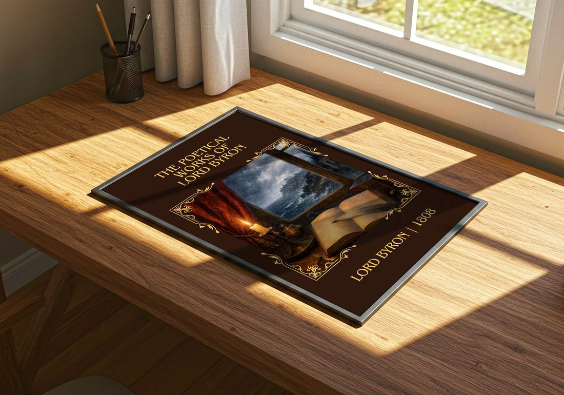 The poetical works of Lord Byron Classic Book Art Print by Lord Byron – print on a sunlit desk