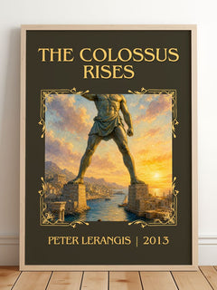 The colossus rises Classic Book Art Print by Peter Lerangis – framed print leaning on a wooden floor