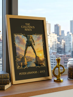 The colossus rises Classic Book Art Print by Peter Lerangis – framed print on a city-view windowsill