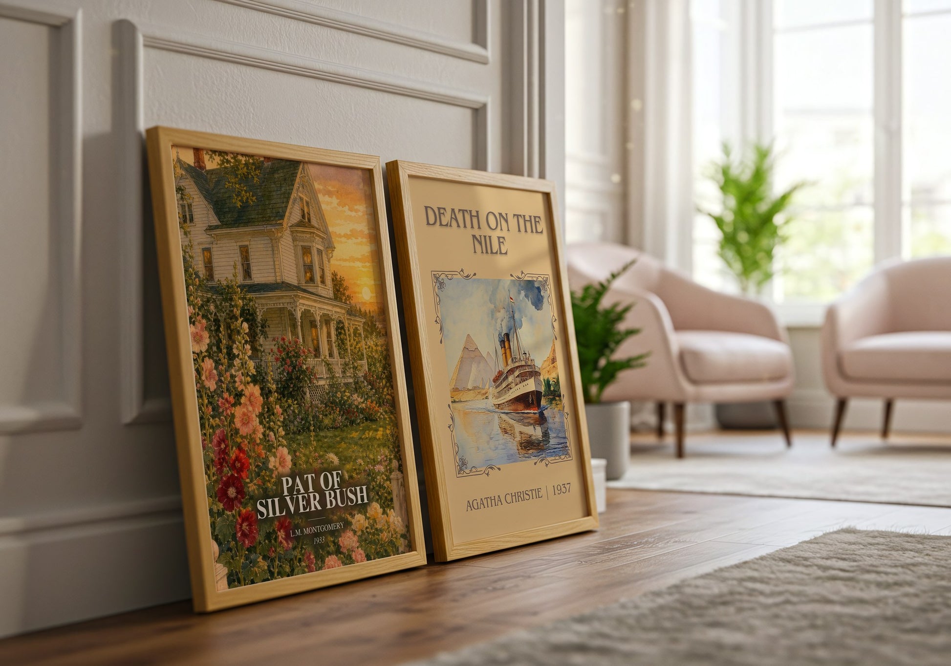 Pat Of Silver Bush watercolour print framed by window – literary home decor