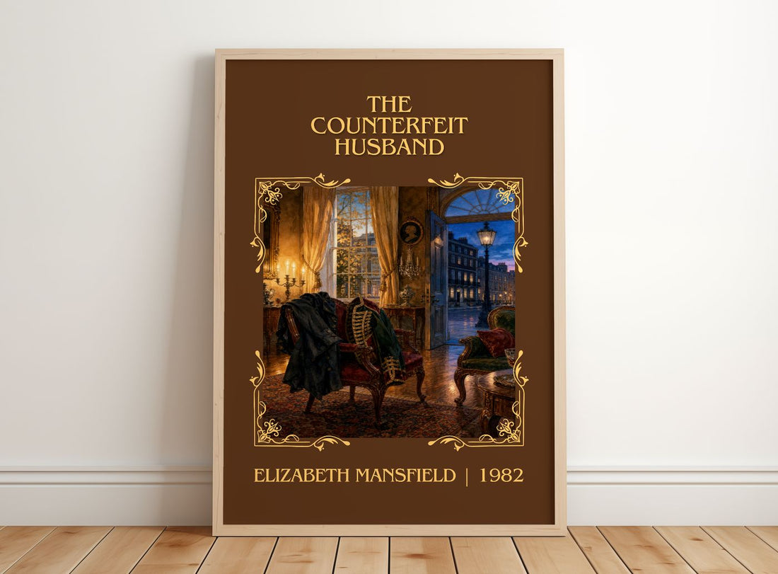 The Counterfeit Husband Classic Book Art Print by Elizabeth Mansfield – framed print leaning on a wooden floor