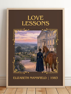 Love Lessons Classic Book Art Print by Elizabeth Mansfield – framed print leaning on a wooden floor