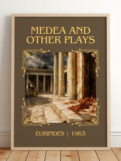Medea and other plays Classic Book Art Print by Euripides – framed print leaning on a wooden floor