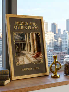 Medea and other plays Classic Book Art Print by Euripides – framed print on a city-view windowsill