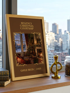 Regency Christmas Courtship Classic Book Art Print by Gayle Buck – framed print on a city-view windowsill