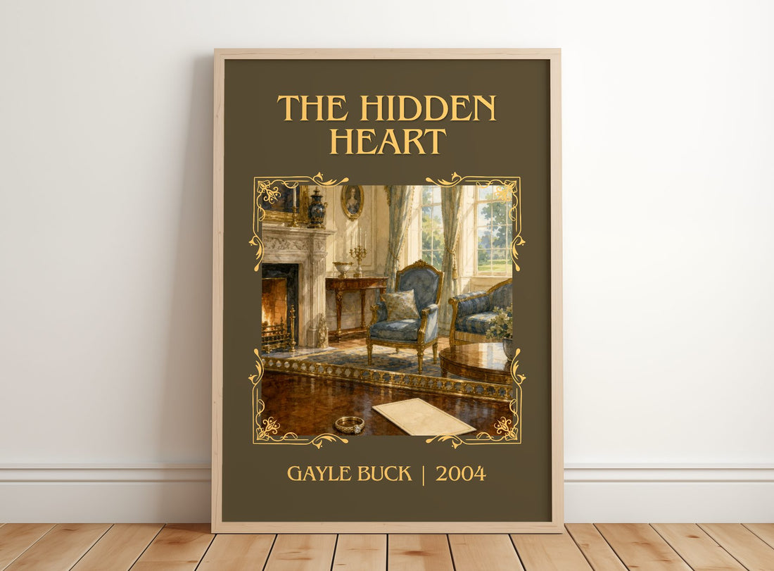The Hidden Heart Classic Book Art Print by Gayle Buck – framed print leaning on a wooden floor