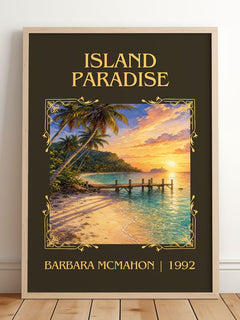 Island Paradise Classic Book Art Print by Barbara McMahon – framed print leaning on a wooden floor