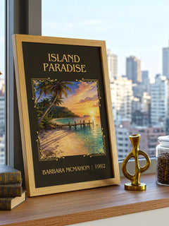 Island Paradise Classic Book Art Print by Barbara McMahon – framed print on a city-view windowsill