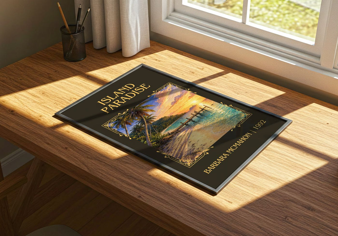 Island Paradise Classic Book Art Print by Barbara McMahon – print on a sunlit desk