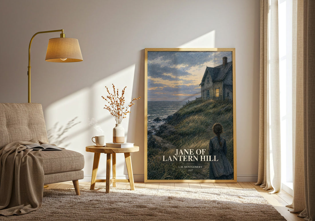 Jane Of Lantern Hill watercolour print in frame leaning in hallway – childrens wall art (mockup)