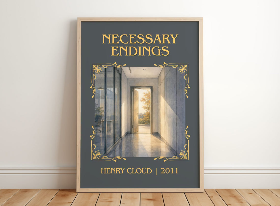 Necessary Endings Classic Book Art Print by Henry Cloud – framed print leaning on a wooden floor