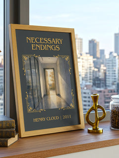 Necessary Endings Classic Book Art Print by Henry Cloud – framed print on a city-view windowsill