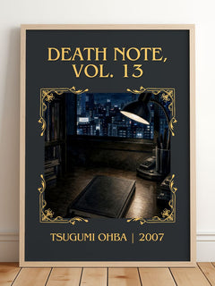 Death Note, Vol. 13 Classic Book Art Print by Tsugumi Ohba – framed print leaning on a wooden floor