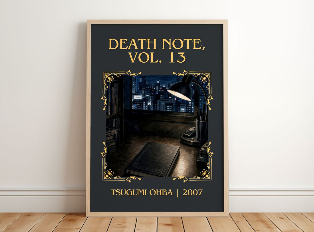 Death Note, Vol. 13 Classic Book Art Print by Tsugumi Ohba – framed print leaning on a wooden floor
