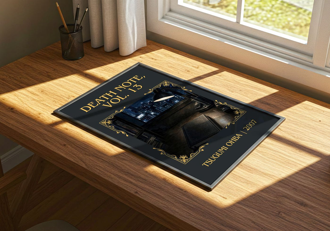 Death Note, Vol. 13 Classic Book Art Print by Tsugumi Ohba – print on a sunlit desk