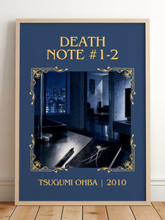 Death Note #1-2 Classic Book Art Print by Tsugumi Ohba – framed print leaning on a wooden floor