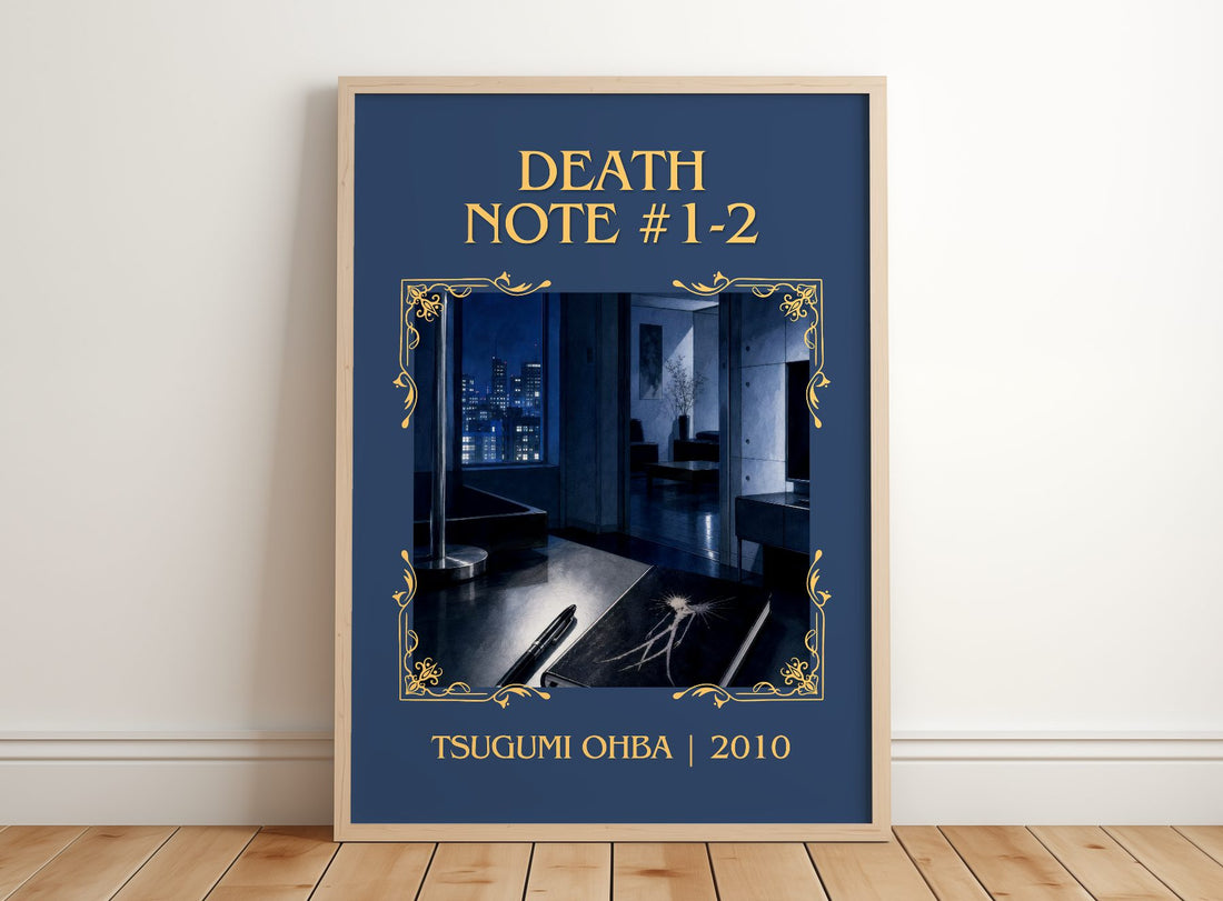 Death Note #1-2 Classic Book Art Print by Tsugumi Ohba – framed print leaning on a wooden floor