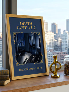 Death Note #1-2 Classic Book Art Print by Tsugumi Ohba – framed print on a city-view windowsill