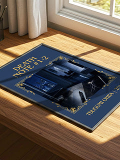 Death Note #1-2 Classic Book Art Print by Tsugumi Ohba – print on a sunlit desk