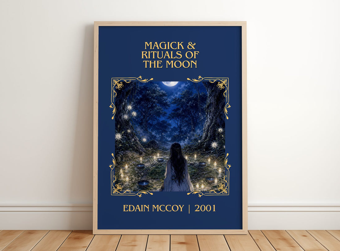 Magick & rituals of the moon Classic Book Art Print by Edain McCoy – framed print leaning on a wooden floor