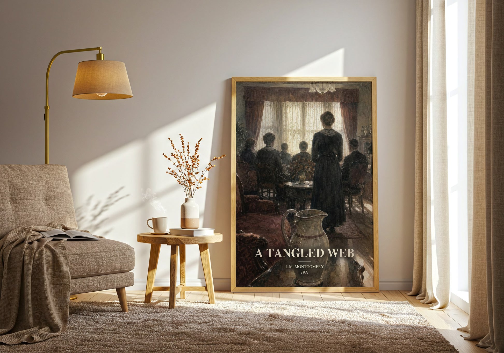 A Tangled Web watercolour print in frame leaning in hallway – historical fiction wall art