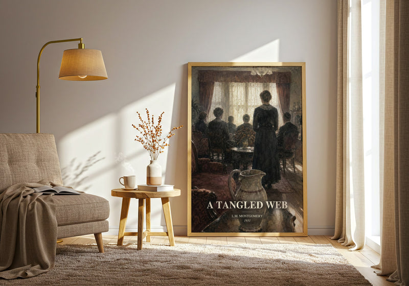 A Tangled Web watercolour print in frame leaning in hallway – historical fiction wall art