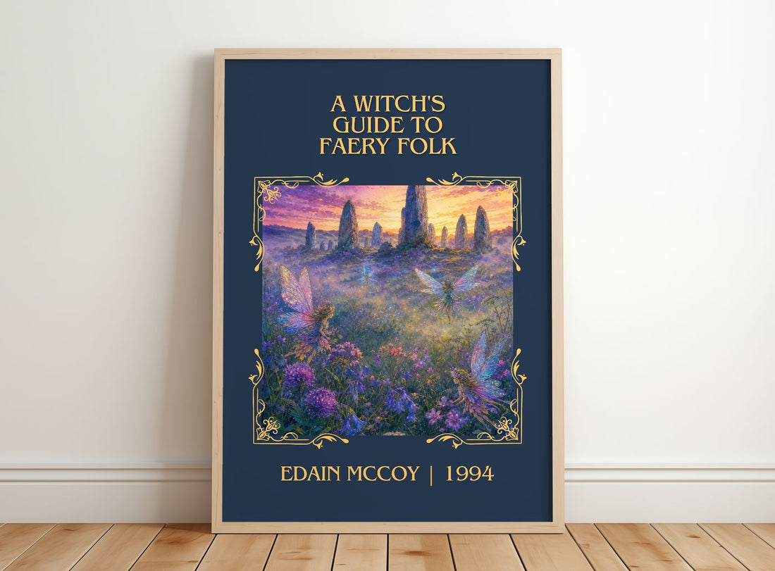 A witch's guide to faery folk Classic Book Art Print by Edain McCoy – framed print leaning on a wooden floor