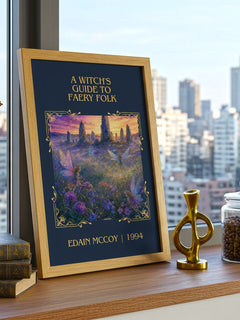 A witch's guide to faery folk Classic Book Art Print by Edain McCoy – framed print on a city-view windowsill