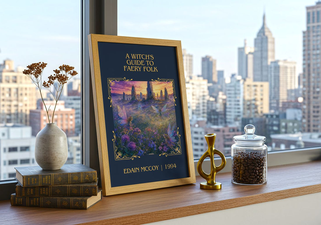 A witch's guide to faery folk Classic Book Art Print by Edain McCoy – framed print on a city-view windowsill