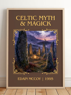 Celtic Myth & Magick Classic Book Art Print by Edain McCoy – framed print leaning on a wooden floor