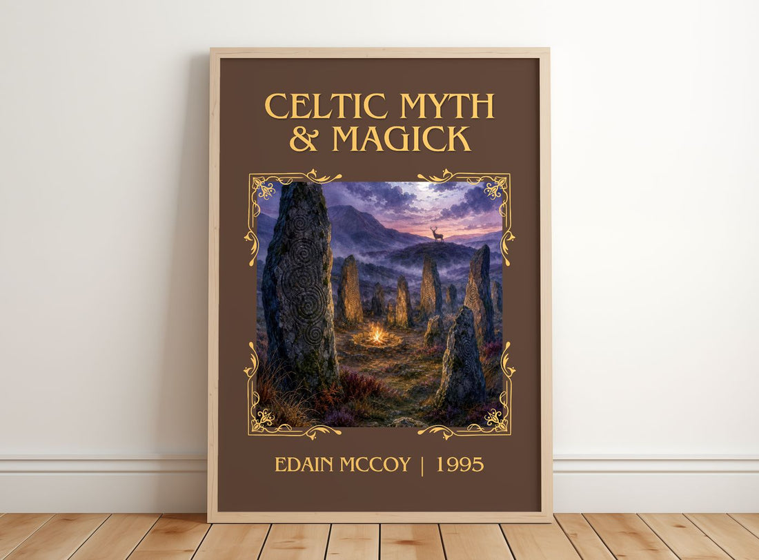 Celtic Myth & Magick Classic Book Art Print by Edain McCoy – framed print leaning on a wooden floor