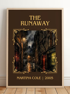 The runaway Classic Book Art Print by Martina Cole – framed print leaning on a wooden floor