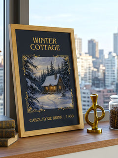 Winter Cottage Classic Book Art Print by Carol Ryrie Brink – framed print on a city-view windowsill