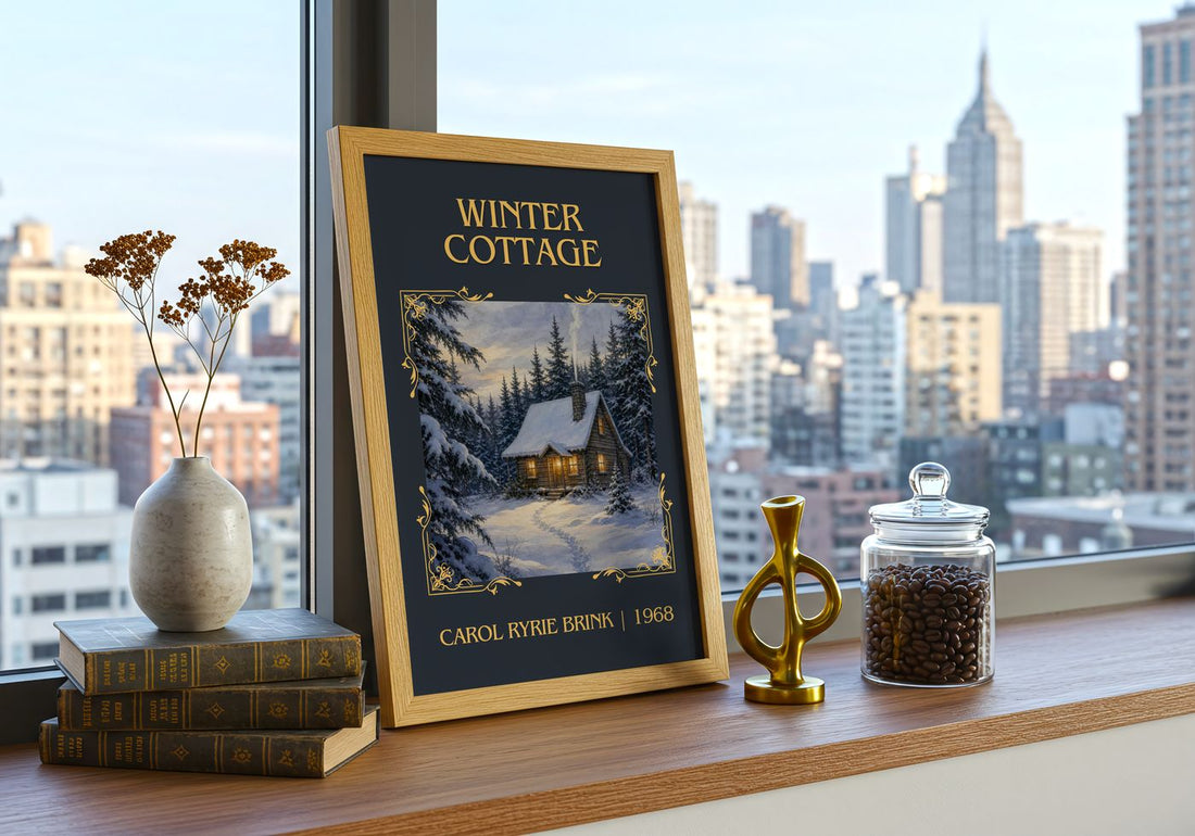Winter Cottage Classic Book Art Print by Carol Ryrie Brink – framed print on a city-view windowsill