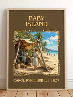 Baby Island Classic Book Art Print by Carol Ryrie Brink – framed print leaning on a wooden floor