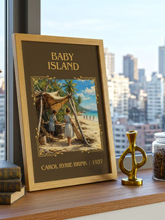 Baby Island Classic Book Art Print by Carol Ryrie Brink – framed print on a city-view windowsill