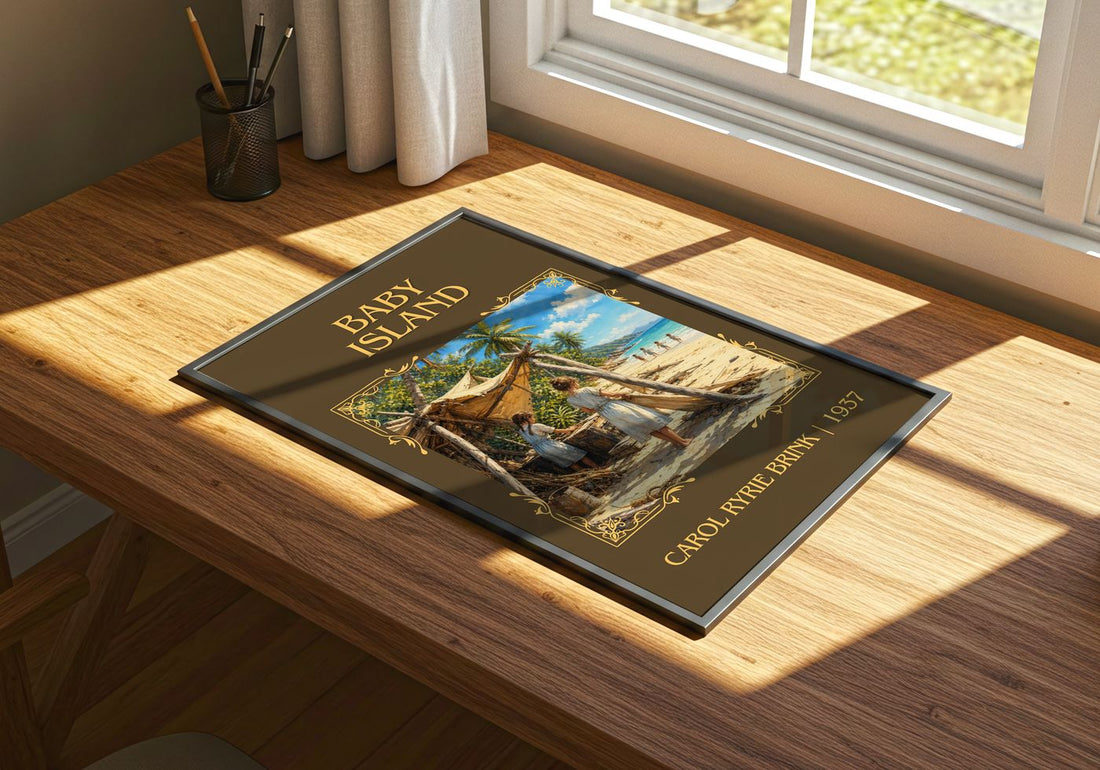 Baby Island Classic Book Art Print by Carol Ryrie Brink – print on a sunlit desk