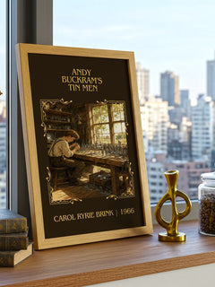 Andy Buckram's Tin Men Classic Book Art Print by Carol Ryrie Brink – framed print on a city-view windowsill
