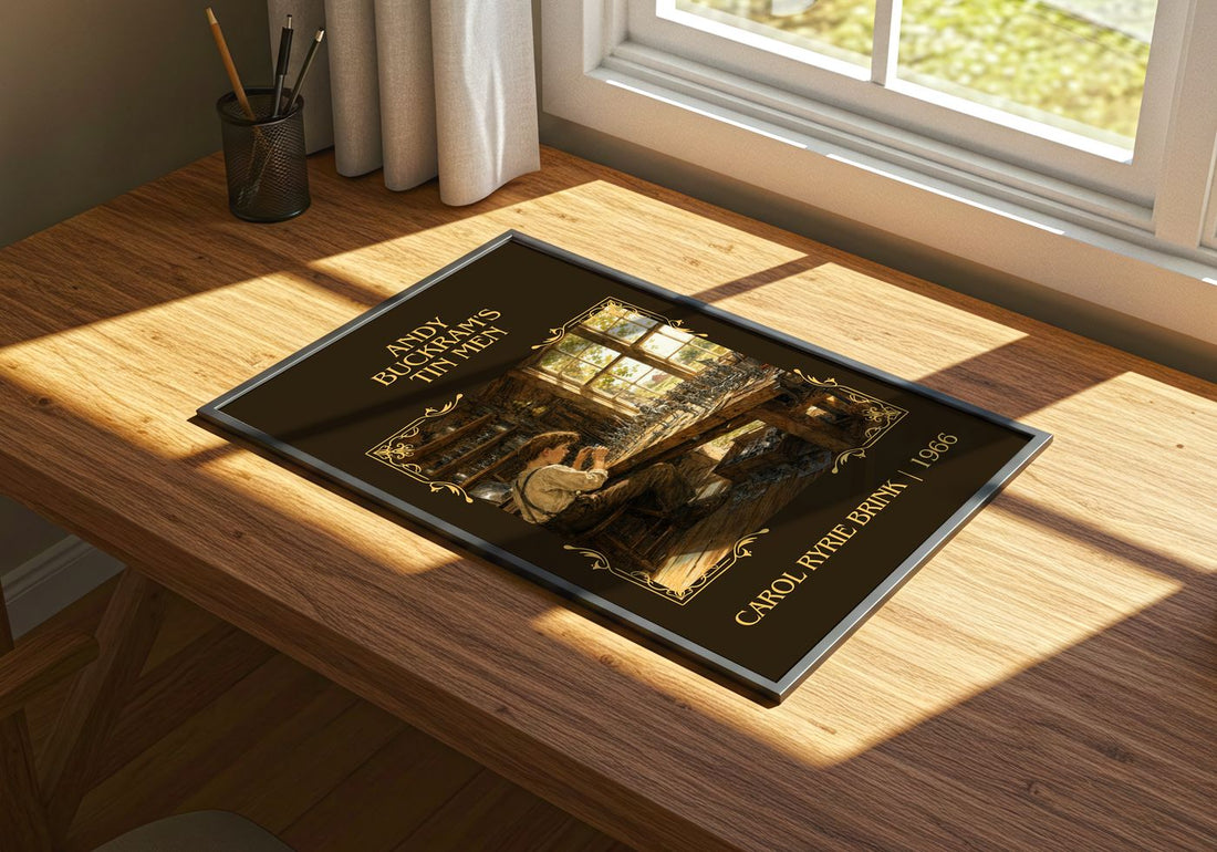 Andy Buckram's Tin Men Classic Book Art Print by Carol Ryrie Brink – print on a sunlit desk