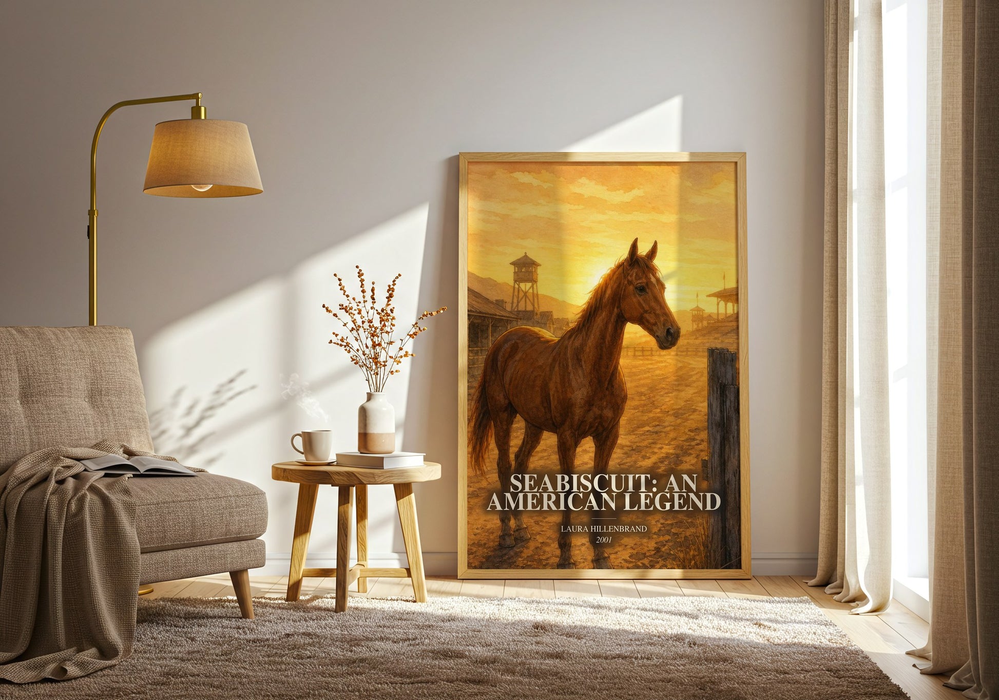 Seabiscuit: An American Legend watercolour print in frame leaning in hallway – non fiction wall art