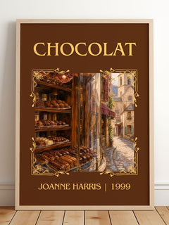 Chocolat Classic Book Art Print by Joanne Harris – framed print leaning on a wooden floor