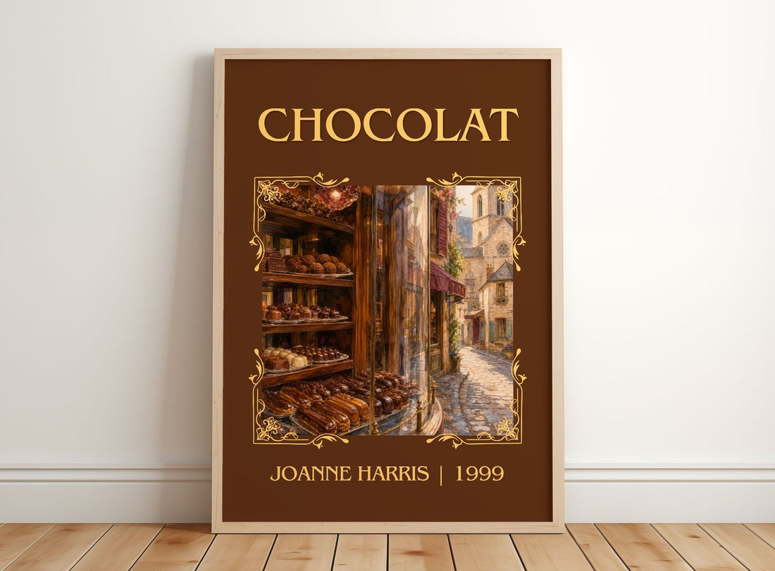 Chocolat Classic Book Art Print by Joanne Harris – framed print leaning on a wooden floor