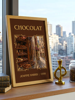 Chocolat Classic Book Art Print by Joanne Harris – framed print on a city-view windowsill