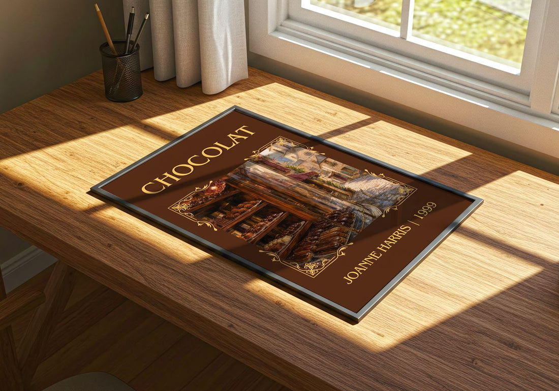 Chocolat Classic Book Art Print by Joanne Harris – print on a sunlit desk