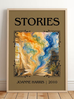 Stories Classic Book Art Print by Joanne Harris – framed print leaning on a wooden floor