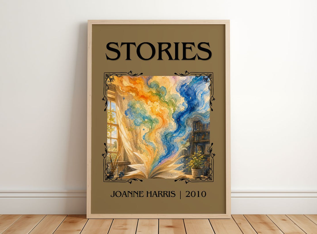 Stories Classic Book Art Print by Joanne Harris – framed print leaning on a wooden floor