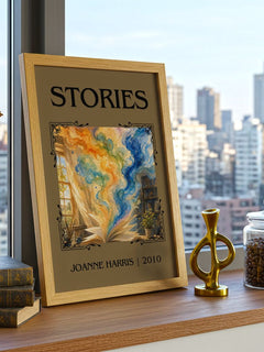 Stories Classic Book Art Print by Joanne Harris – framed print on a city-view windowsill