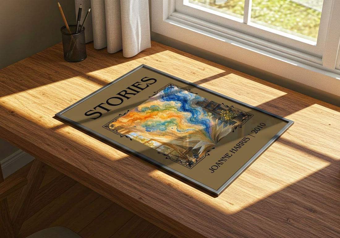 Stories Classic Book Art Print by Joanne Harris – print on a sunlit desk